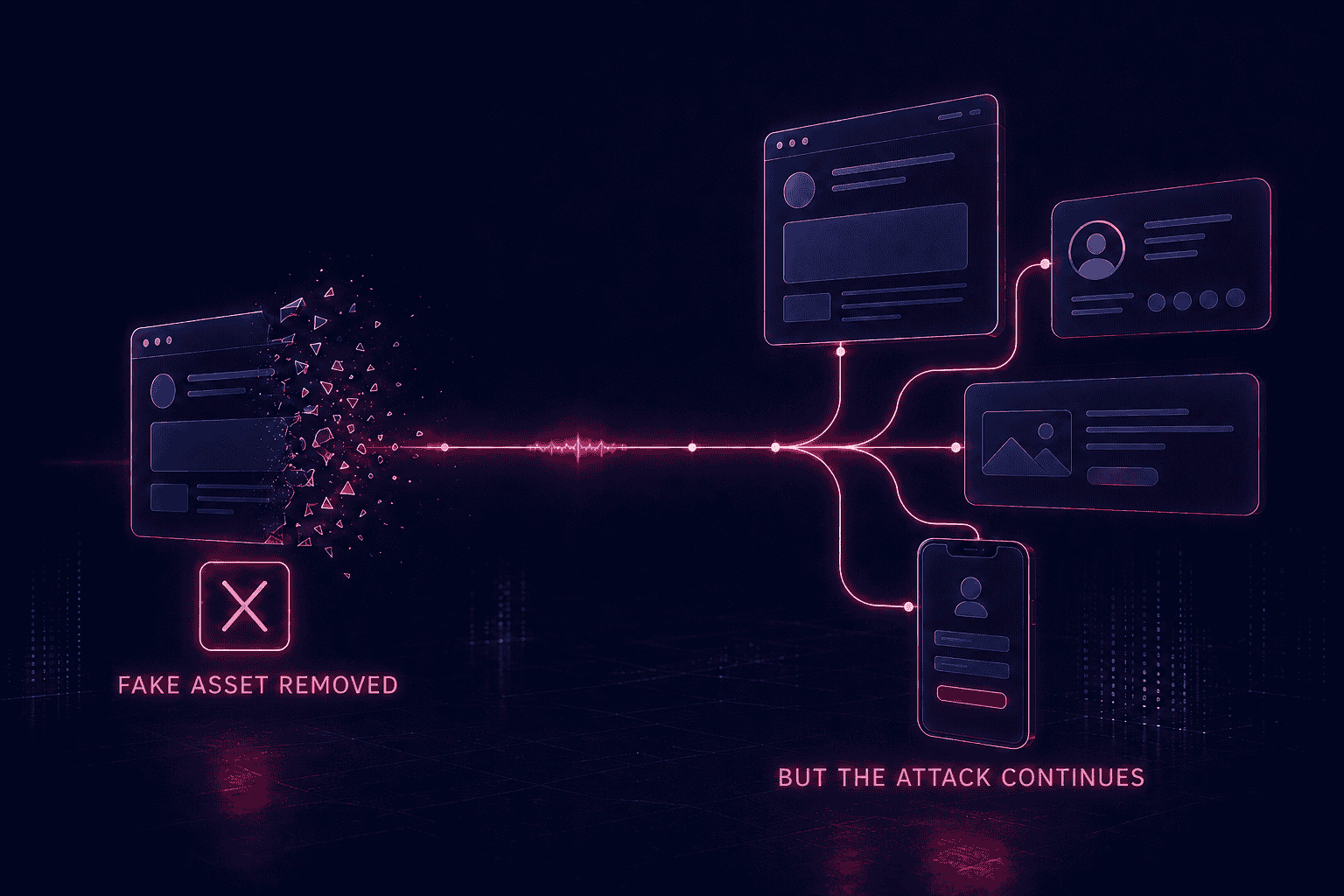 A fake website being removed while the same impersonation attack continues across replacement websites, social profiles, ads and mobile channels